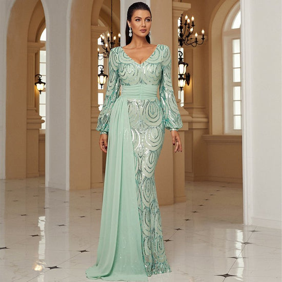Long Sleeve Sexy Long Sequined V-neck Banquet Ribbon Evening Dress $91.00 Dana Fashion Color: Green Size: L Women's clothing Product information: Pattern: solid color Skirt type: hip skirt Color: green, black, gold Waist type: high waist Size: XS,S,M,L,XL
