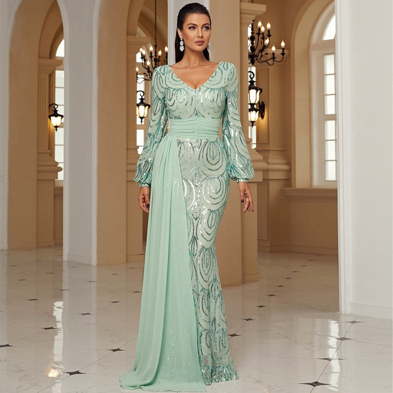 Long Sleeve Sexy Long Sequined V-neck Banquet Ribbon Evening Dress $91.00 Dana Fashion Color: Green Size: L Women's clothing Product information: Pattern: solid color Skirt type: hip skirt Color: green, black, gold Waist type: high waist Size: XS,S,M,L,XL