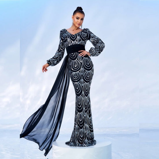 Long Sleeve Sexy Long Sequined V-neck Banquet Ribbon Evening Dress $91.00 Dana Fashion Color: Black Size: L Women's clothing Product information: Pattern: solid color Skirt type: hip skirt Color: green, black, gold Waist type: high waist Size: XS,S,M,L,XL