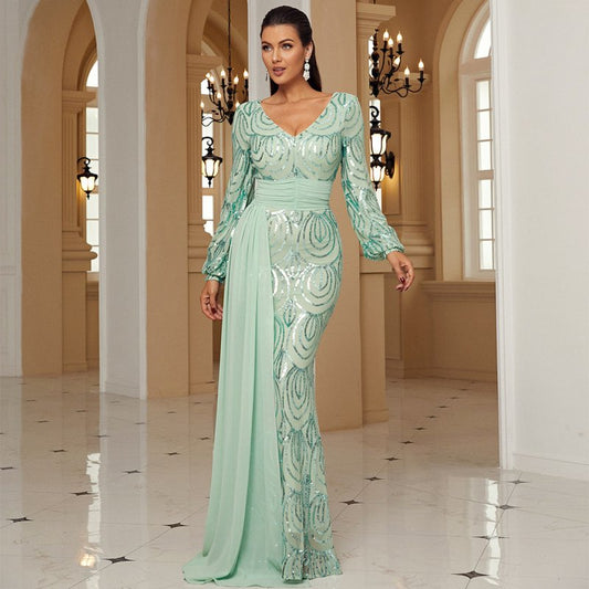 Long Sleeve Sexy Long Sequined V-neck Banquet Ribbon Evening Dress $91.00 Dana Fashion Color: Black Size: L Women's clothing Product information: Pattern: solid color Skirt type: hip skirt Color: green, black, gold Waist type: high waist Size: XS,S,M,L,XL