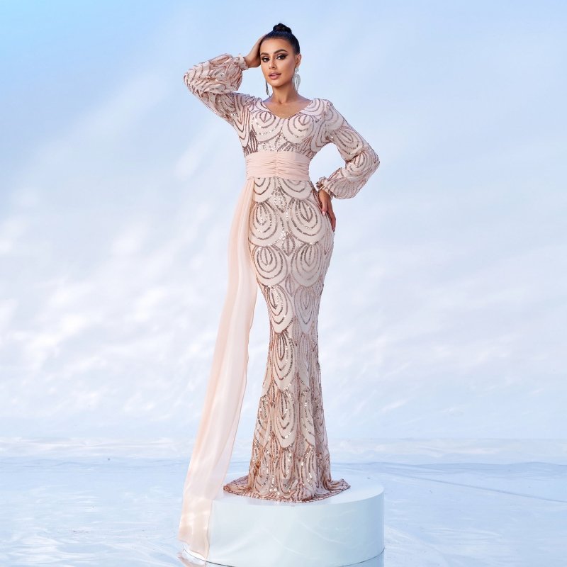 Long Sleeve Sexy Long Sequined V-neck Banquet Ribbon Evening Dress $91.00 Dana Fashion Color: Gold Size: L Women's clothing Product information: Pattern: solid color Skirt type: hip skirt Color: green, black, gold Waist type: high waist Size: XS,S,M,L,XL,