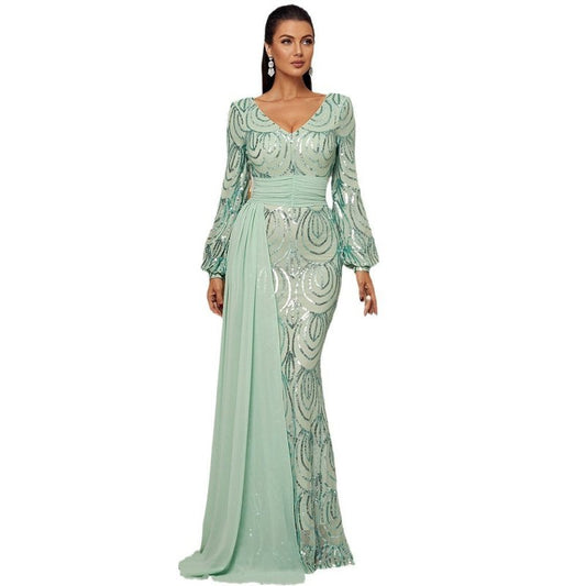 Long Sleeve Sexy Long Sequined V-neck Banquet Ribbon Evening Dress $91.00 Dana Fashion Color: Black Size: L Women's clothing Product information: Pattern: solid color Skirt type: hip skirt Color: green, black, gold Waist type: high waist Size: XS,S,M,L,XL