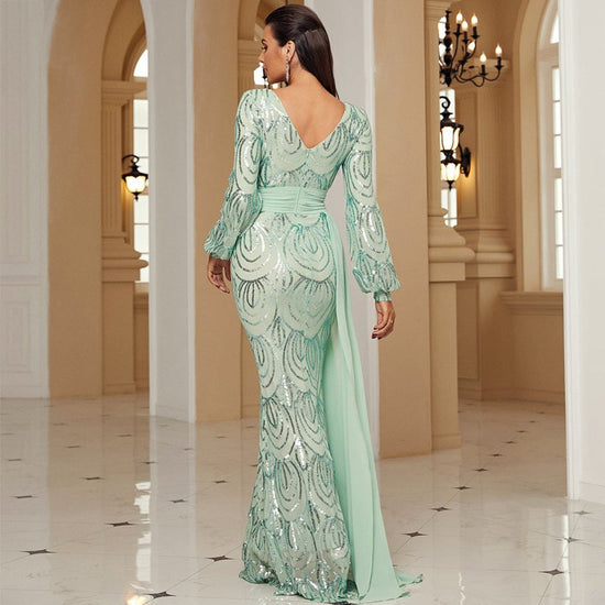 Long Sleeve Sexy Long Sequined V-neck Banquet Ribbon Evening Dress $91.00 Dana Fashion Color: Black Size: L Women's clothing Product information: Pattern: solid color Skirt type: hip skirt Color: green, black, gold Waist type: high waist Size: XS,S,M,L,XL