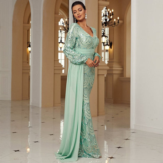 Long Sleeve Sexy Long Sequined V-neck Banquet Ribbon Evening Dress $91.00 Dana Fashion Color: Black Size: L Women's clothing Product information: Pattern: solid color Skirt type: hip skirt Color: green, black, gold Waist type: high waist Size: XS,S,M,L,XL