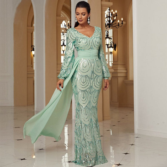 Long Sleeve Sexy Long Sequined V-neck Banquet Ribbon Evening Dress $91.00 Dana Fashion Color: Black Size: L Women's clothing Product information: Pattern: solid color Skirt type: hip skirt Color: green, black, gold Waist type: high waist Size: XS,S,M,L,XL