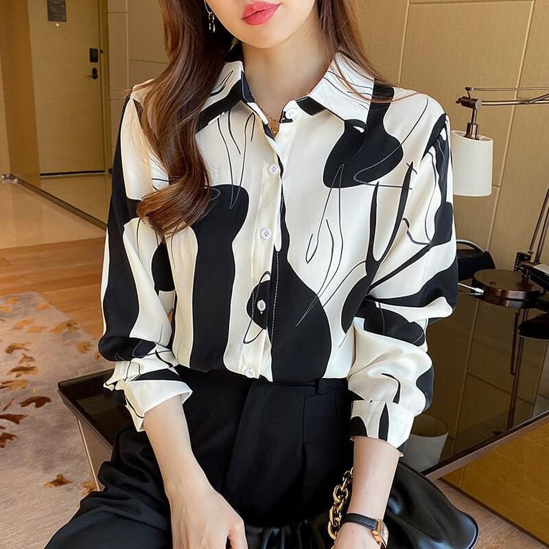 Long Sleeve Shirt Women's Printed Temperament $33.50 Dana Fashion Color: Geometric Blue And Black Size: L Women's clothing Product information: Color: geometric Blue Black, geometric Brown Sleeve type: shirt sleeve Main fabric composition: Polyester (poly