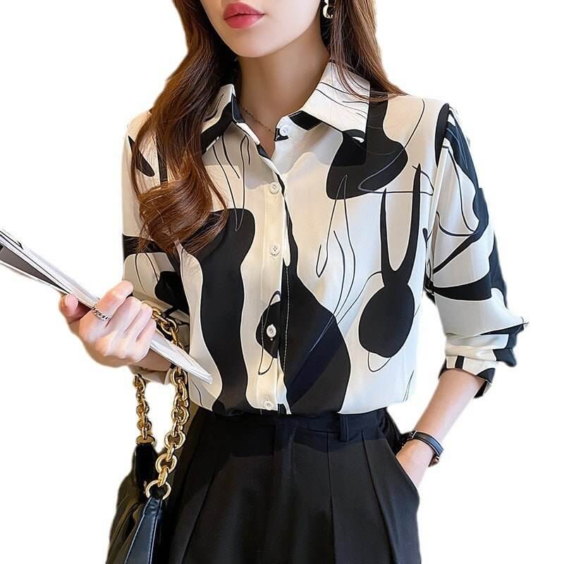 Long Sleeve Shirt Women's Printed Temperament $33.50 Dana Fashion Color: Geometric Blue And Black Size: L Women's clothing Product information: Color: geometric Blue Black, geometric Brown Sleeve type: shirt sleeve Main fabric composition: Polyester (poly
