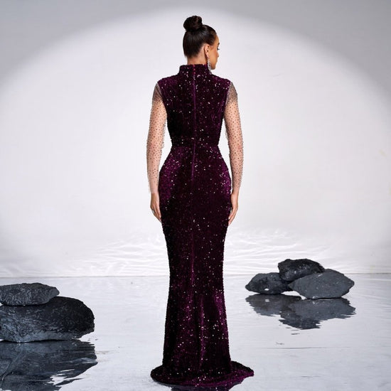 Long Sleeve Square-neck Banquet Sequined Rhinestone Fishtail Dress $115.43 Dana Fashion Color: Purple Size: L Women's clothing Product information: Pattern: solid color Skirt type: hip skirt Color: purple Waist type: high waist Size: S,M,L,XL Style type: