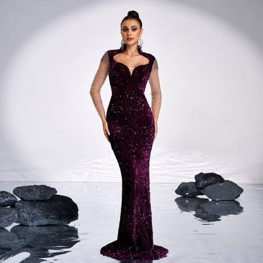 Long Sleeve Square-neck Banquet Sequined Rhinestone Fishtail Dress $115.43 Dana Fashion Color: Purple Size: L Women's clothing Product information: Pattern: solid color Skirt type: hip skirt Color: purple Waist type: high waist Size: S,M,L,XL Style type: