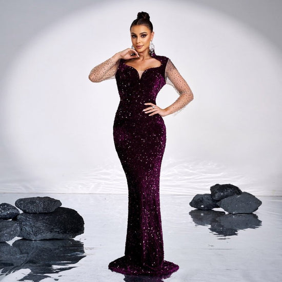 Long Sleeve Square-neck Banquet Sequined Rhinestone Fishtail Dress $115.43 Dana Fashion Color: Purple Size: L Women's clothing Product information: Pattern: solid color Skirt type: hip skirt Color: purple Waist type: high waist Size: S,M,L,XL Style type: