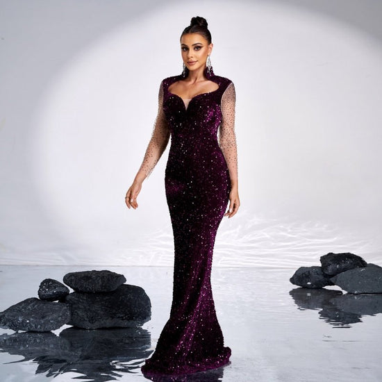 Long Sleeve Square-neck Banquet Sequined Rhinestone Fishtail Dress $115.43 Dana Fashion Color: Purple Size: L Women's clothing Product information: Pattern: solid color Skirt type: hip skirt Color: purple Waist type: high waist Size: S,M,L,XL Style type: