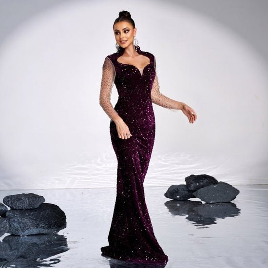 Long Sleeve Square-neck Banquet Sequined Rhinestone Fishtail Dress $115.43 Dana Fashion Color: Purple Size: L Women's clothing Product information: Pattern: solid color Skirt type: hip skirt Color: purple Waist type: high waist Size: S,M,L,XL Style type: