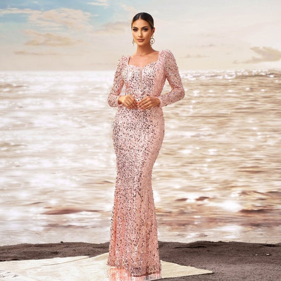 Long Sleeve Square-neck Sequined Sheath Fishtail Evening Dress $117.14 Dana Fashion Color: Rose Gold Size: L Women's clothing Product information: Pattern: solid color Skirt type: hip skirt Color: rose gold Waist type: high waist Size: S,M,L,XL Style type