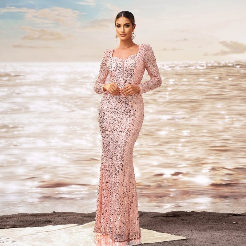 Long Sleeve Square-neck Sequined Sheath Fishtail Evening Dress $117.14 Dana Fashion Color: Rose Gold Size: L Women's clothing Product information: Pattern: solid color Skirt type: hip skirt Color: rose gold Waist type: high waist Size: S,M,L,XL Style type