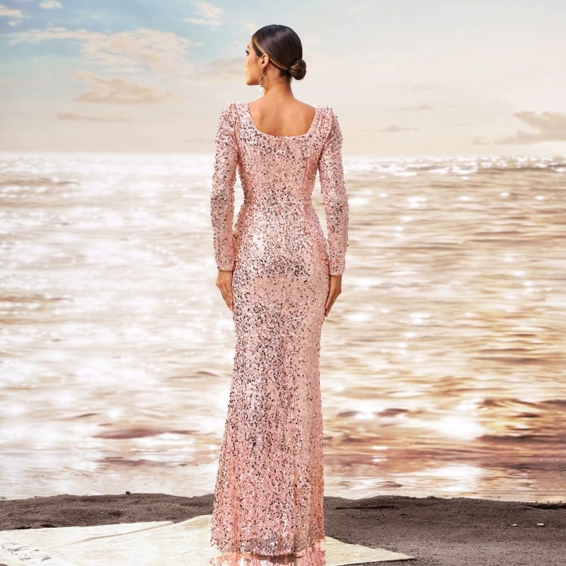 Long Sleeve Square-neck Sequined Sheath Fishtail Evening Dress $117.14 Dana Fashion Color: Rose Gold Size: L Women's clothing Product information: Pattern: solid color Skirt type: hip skirt Color: rose gold Waist type: high waist Size: S,M,L,XL Style type