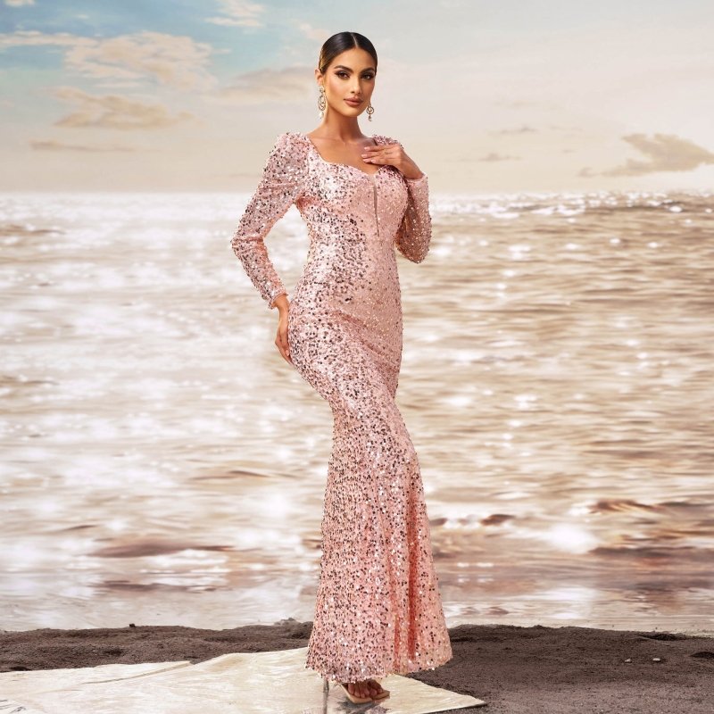 Long Sleeve Square-neck Sequined Sheath Fishtail Evening Dress $117.14 Dana Fashion Color: Rose Gold Size: L Women's clothing Product information: Pattern: solid color Skirt type: hip skirt Color: rose gold Waist type: high waist Size: S,M,L,XL Style type