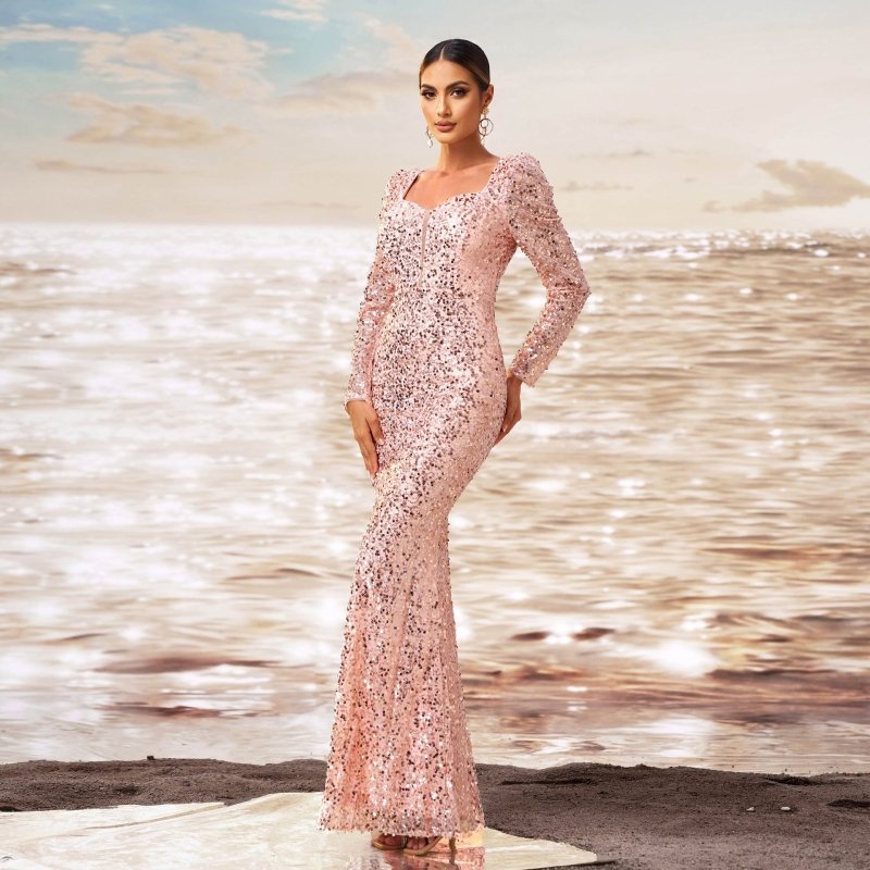 Long Sleeve Square-neck Sequined Sheath Fishtail Evening Dress $117.14 Dana Fashion Color: Rose Gold Size: L Women's clothing Product information: Pattern: solid color Skirt type: hip skirt Color: rose gold Waist type: high waist Size: S,M,L,XL Style type