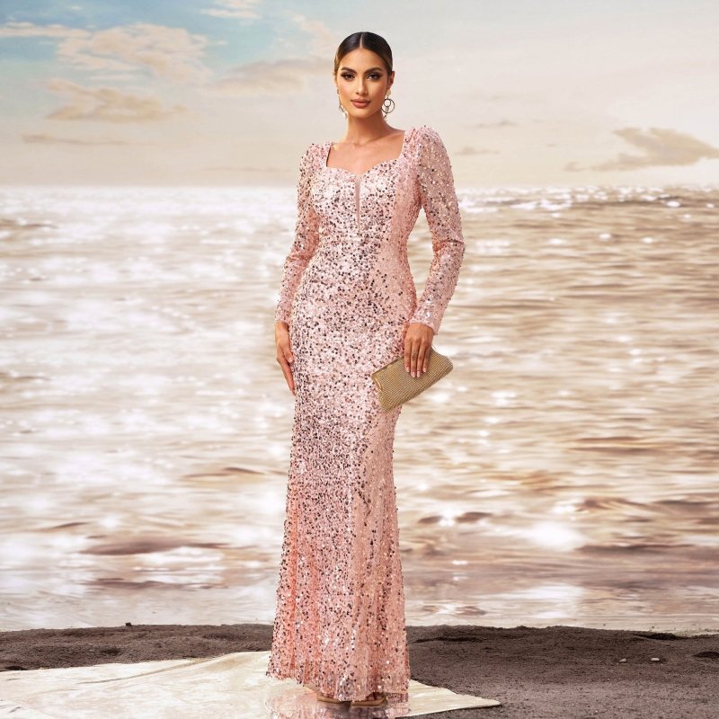 Long Sleeve Square-neck Sequined Sheath Fishtail Evening Dress $117.14 Dana Fashion Color: Rose Gold Size: L Women's clothing Product information: Pattern: solid color Skirt type: hip skirt Color: rose gold Waist type: high waist Size: S,M,L,XL Style type
