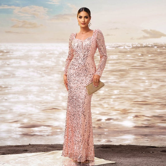 Long Sleeve Square-neck Sequined Sheath Fishtail Evening Dress $117.14 Dana Fashion Color: Rose Gold Size: L Women's clothing Product information: Pattern: solid color Skirt type: hip skirt Color: rose gold Waist type: high waist Size: S,M,L,XL Style type