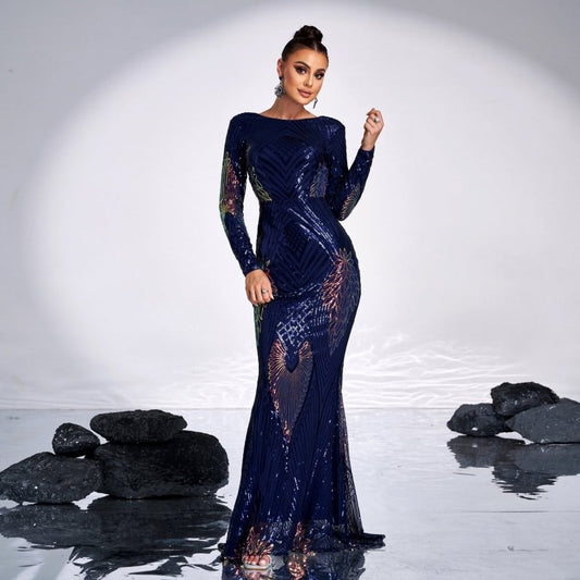 Long Sleeve Temperament Crew Neck Sexy Long Sequined Banquet Evening Dress $102.00 Dana Fashion Color: Blue Size: L Women's clothing Product information: Skirt type: hip skirt Waist type: high waist Style type: Sexy Popular elements: Sequins Style: Basic