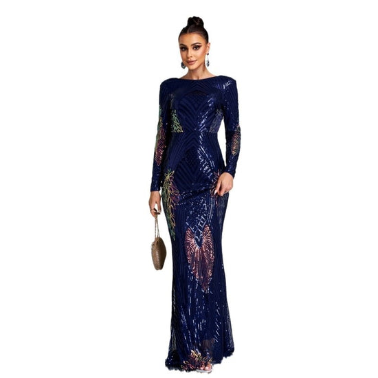 Long Sleeve Temperament Crew Neck Sexy Long Sequined Banquet Evening Dress $102.00 Dana Fashion Color: Blue Size: L Women's clothing Product information: Skirt type: hip skirt Waist type: high waist Style type: Sexy Popular elements: Sequins Style: Basic