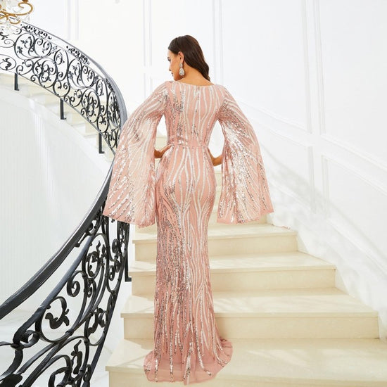 Long Sleeve V-neck Banquet Sequined Fishtail Dress $116.86 Dana Fashion Color: Light Pink Size: L Women's clothing Product information: Pattern: solid color Skirt type: hip skirt Color: light pink Waist type: high waist Size: S,M,L,XL Style type: Elegant