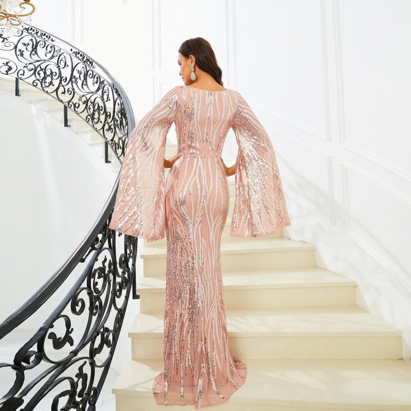 Long Sleeve V-neck Banquet Sequined Fishtail Dress $116.86 Dana Fashion Color: Light Pink Size: L Women's clothing Product information: Pattern: solid color Skirt type: hip skirt Color: light pink Waist type: high waist Size: S,M,L,XL Style type: Elegant