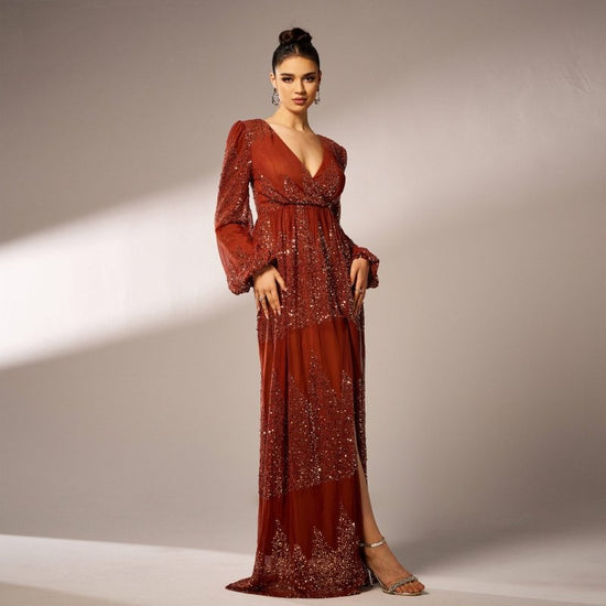 Long Sleeve V-neck Sexy Long Sequined Evening Dress $80.99 Dana Fashion Color: Black Gold Size: L Women's clothing Product information: Color: brown, black gold, green Size: S,M,L,XL Style type: Elegant Popular elements: Sequins Style: Basic Fabric name:
