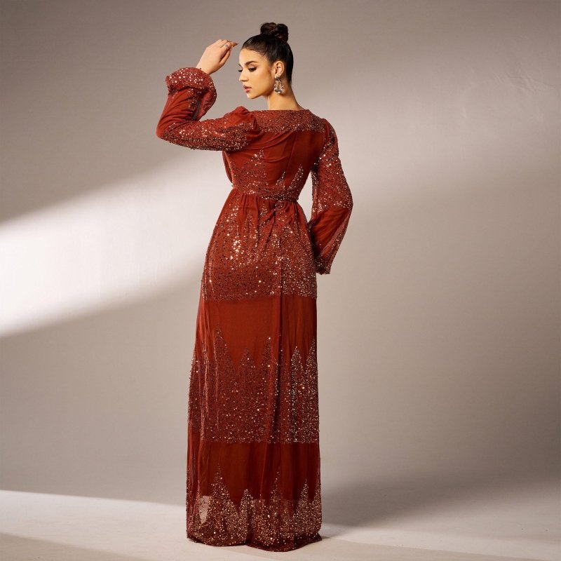Long Sleeve V-neck Sexy Long Sequined Evening Dress $80.99 Dana Fashion Color: Black Gold Size: L Women's clothing Product information: Color: brown, black gold, green Size: S,M,L,XL Style type: Elegant Popular elements: Sequins Style: Basic Fabric name: