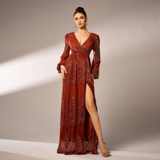 Long Sleeve V-neck Sexy Long Sequined Evening Dress $80.99 Dana Fashion Color: Black Gold Size: L Women's clothing Product information: Color: brown, black gold, green Size: S,M,L,XL Style type: Elegant Popular elements: Sequins Style: Basic Fabric name: