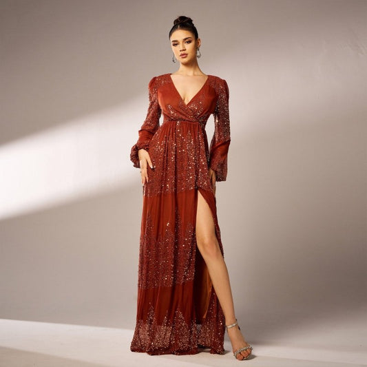 Long Sleeve V-neck Sexy Long Sequined Evening Dress $80.99 Dana Fashion Color: Black Gold Size: L Women's clothing Product information: Color: brown, black gold, green Size: S,M,L,XL Style type: Elegant Popular elements: Sequins Style: Basic Fabric name: