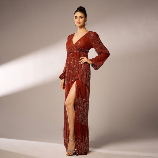 Long Sleeve V-neck Sexy Long Sequined Evening Dress $80.99 Dana Fashion Color: Black Gold Size: L Women's clothing Product information: Color: brown, black gold, green Size: S,M,L,XL Style type: Elegant Popular elements: Sequins Style: Basic Fabric name: