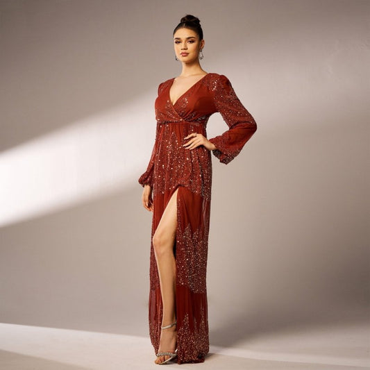 Long Sleeve V-neck Sexy Long Sequined Evening Dress $80.99 Dana Fashion Color: Black Gold Size: L Women's clothing Product information: Color: brown, black gold, green Size: S,M,L,XL Style type: Elegant Popular elements: Sequins Style: Basic Fabric name: