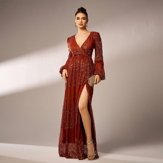 Long Sleeve V-neck Sexy Long Sequined Evening Dress $80.99 Dana Fashion Color: Brown Size: L Women's clothing Product information: Color: brown, black gold, green Size: S,M,L,XL Style type: Elegant Popular elements: Sequins Style: Basic Fabric name: Polye