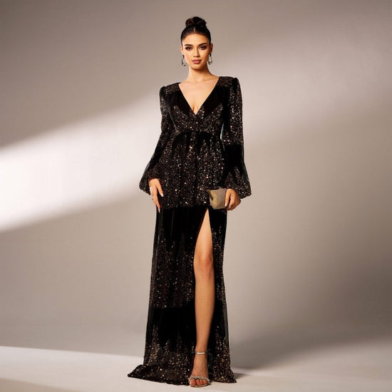 Long Sleeve V-neck Sexy Long Sequined Evening Dress $80.99 Dana Fashion Color: Black Gold Size: L Women's clothing Product information: Color: brown, black gold, green Size: S,M,L,XL Style type: Elegant Popular elements: Sequins Style: Basic Fabric name: