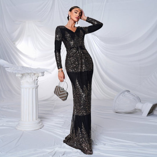 Long Sleeve V-neck Sexy Slim-fit Long Sequined Banquet Evening Dress $115.06 Dana Fashion Color: Black Size: L Women's clothing معلومات المنتج: النمط: لون سادة نوع التنورة: تنورة الورك اللون: أسود نوع الخصر: خصر مرتفع المقاس: S، M، L، XL نوع الطراز: أنيق