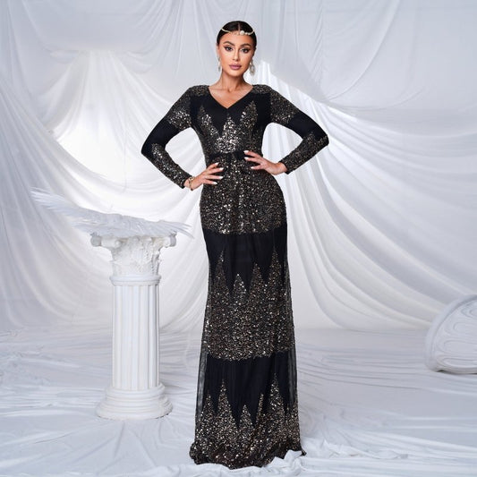 Long Sleeve V-neck Sexy Slim-fit Long Sequined Banquet Evening Dress $115.06 Dana Fashion Color: Black Size: L Women's clothing معلومات المنتج: النمط: لون سادة نوع التنورة: تنورة الورك اللون: أسود نوع الخصر: خصر مرتفع المقاس: S، M، L، XL نوع الطراز: أنيق