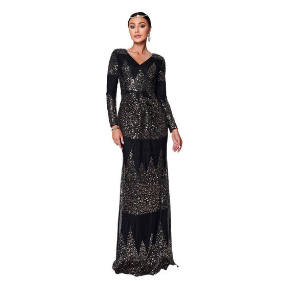 Long Sleeve V-neck Sexy Slim-fit Long Sequined Banquet Evening Dress $115.06 Dana Fashion Color: Black Size: L Women's clothing معلومات المنتج: النمط: لون سادة نوع التنورة: تنورة الورك اللون: أسود نوع الخصر: خصر مرتفع المقاس: S، M، L، XL نوع الطراز: أنيق