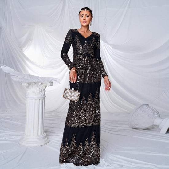 Long Sleeve V-neck Sexy Slim-fit Long Sequined Banquet Evening Dress $115.06 Dana Fashion Color: Black Size: L Women's clothing معلومات المنتج: النمط: لون سادة نوع التنورة: تنورة الورك اللون: أسود نوع الخصر: خصر مرتفع المقاس: S، M، L، XL نوع الطراز: أنيق
