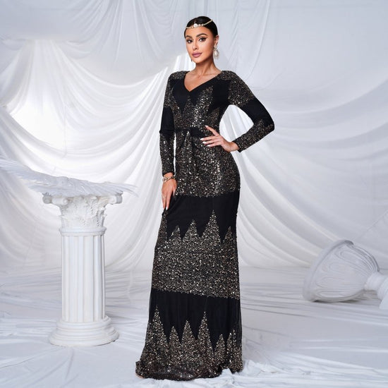 Long Sleeve V-neck Sexy Slim-fit Long Sequined Banquet Evening Dress $115.06 Dana Fashion Color: Black Size: L Women's clothing معلومات المنتج: النمط: لون سادة نوع التنورة: تنورة الورك اللون: أسود نوع الخصر: خصر مرتفع المقاس: S، M، L، XL نوع الطراز: أنيق
