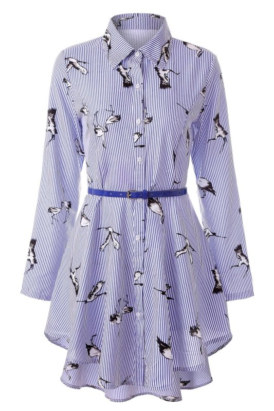 Long sleeve women's striped shirt $45.50 Dana Fashion Color: Blue Printed Bird Size: L Women's clothing Made of: Cotton Style: Europe and America Skirt length: short skirt Skirt type: irregular skirt Waist type: Mid waist Clothing placket: single-breasted