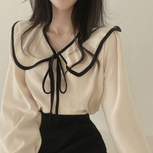 Loose Slimming Lapel Versatile Lace-up Women's Shirt $27.50 Dana Fashion Color: Apricot Size: L Women's clothing Product information: Fabric name: Polyester Color: white, apricot, Black Sleeve type: Lantern sleeve Main fabric composition: Polyester (polye