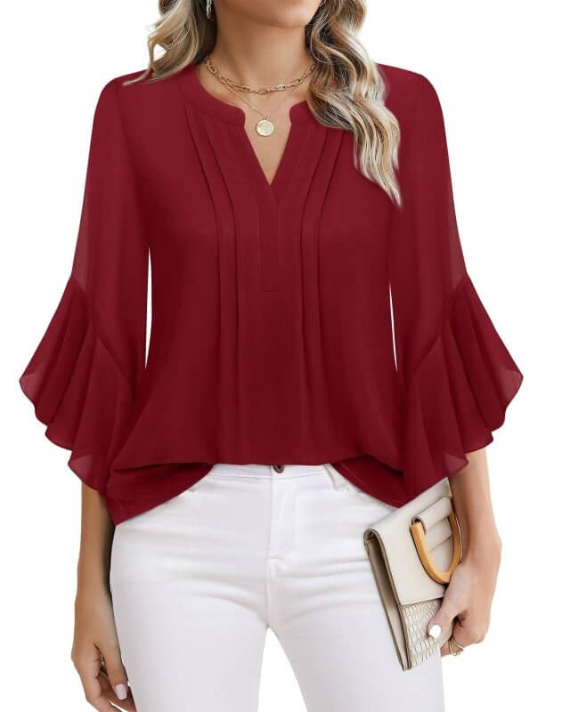 Lotus Leaf 34 Sleeve Top Solid Color Fashion $39.90 Dana Fashion Color: Wine Red Size: L Women's clothing Product information: Color: purple, glitter, green, blue, orange, light yellow, red, black, pink, pink, pink rose, Emerald, wine red, navy blue, whit