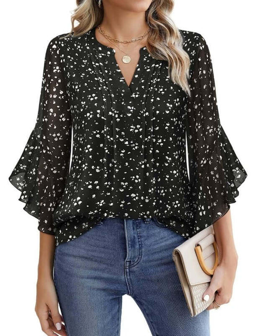 Lotus Leaf 34 Sleeve Top Solid Color Fashion $39.90 Dana Fashion Color: Black Size: L Women's clothing Product information: Color: purple, glitter, green, blue, orange, light yellow, red, black, pink, pink, pink rose, Emerald, wine red, navy blue, white S