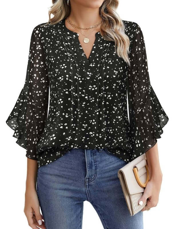 Lotus Leaf 34 Sleeve Top Solid Color Fashion $39.90 Dana Fashion Color: Black Size: L Women's clothing Product information: Color: purple, glitter, green, blue, orange, light yellow, red, black, pink, pink, pink rose, Emerald, wine red, navy blue, white S