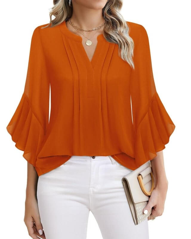 Lotus Leaf 34 Sleeve Top Solid Color Fashion $39.90 Dana Fashion Color: Orange Red Size: L Women's clothing Product information: Color: purple, glitter, green, blue, orange, light yellow, red, black, pink, pink, pink rose, Emerald, wine red, navy blue, wh