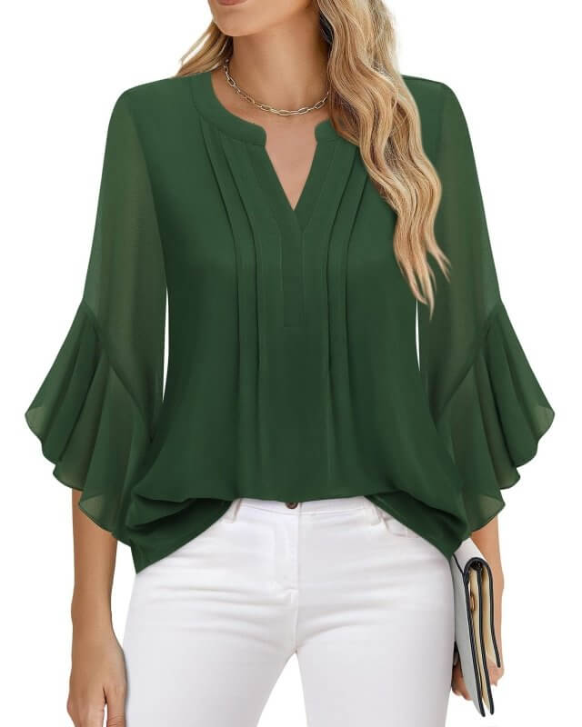 Lotus Leaf 34 Sleeve Top Solid Color Fashion $39.90 Dana Fashion Color: Emerald Green Size: L Women's clothing Product information: Color: purple, glitter, green, blue, orange, light yellow, red, black, pink, pink, pink rose, Emerald, wine red, navy blue,