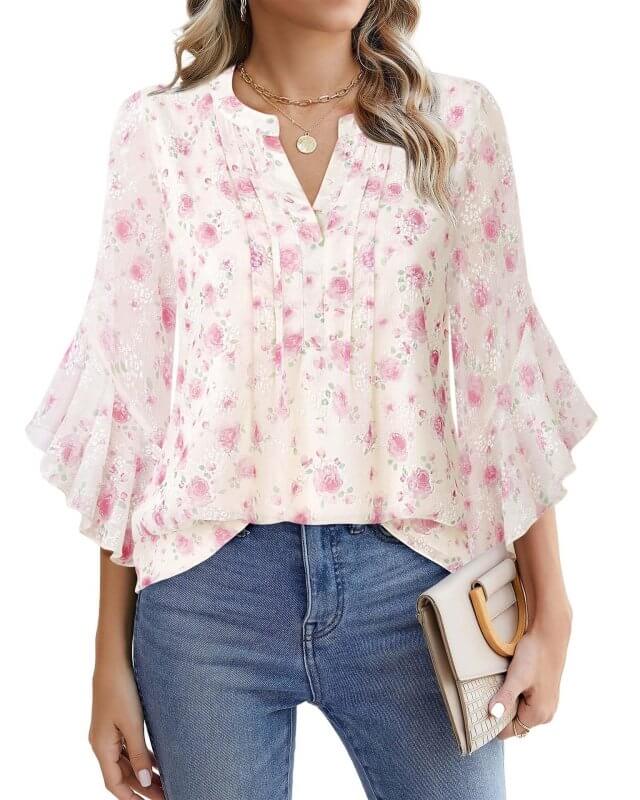 Lotus Leaf 34 Sleeve Top Solid Color Fashion $39.90 Dana Fashion Color: Pink Roses Size: L Women's clothing Product information: Color: purple, glitter, green, blue, orange, light yellow, red, black, pink, pink, pink rose, Emerald, wine red, navy blue, wh