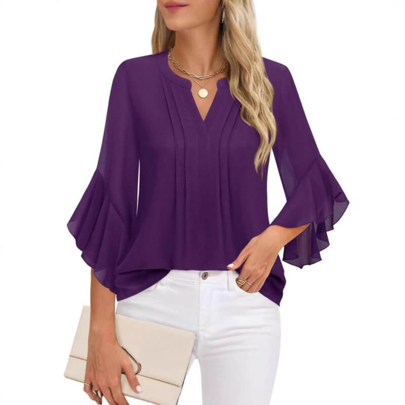 Lotus Leaf 34 Sleeve Top Solid Color Fashion $39.90 Dana Fashion Color: Purple Size: L Women's clothing Product information: Color: purple, glitter, green, blue, orange, light yellow, red, black, pink, pink, pink rose, Emerald, wine red, navy blue, white