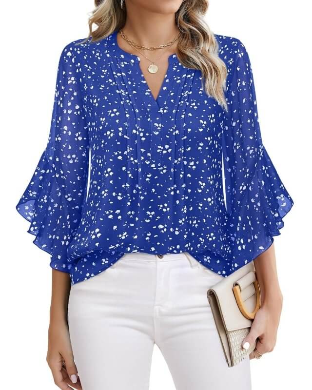 Lotus Leaf 34 Sleeve Top Solid Color Fashion $39.90 Dana Fashion Color: Blue Size: L Women's clothing Product information: Color: purple, glitter, green, blue, orange, light yellow, red, black, pink, pink, pink rose, Emerald, wine red, navy blue, white Si